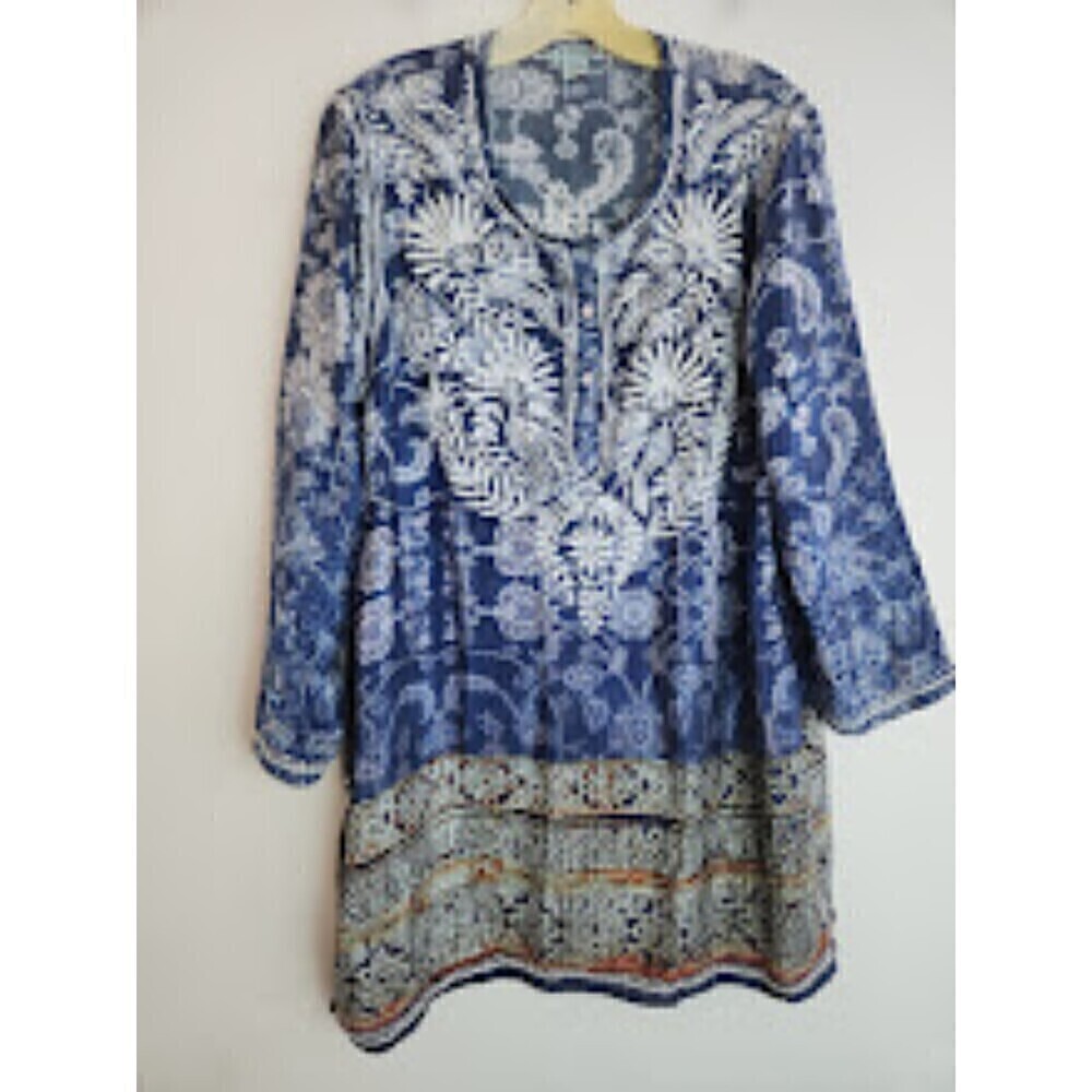 Nostalgia Women Blue Floral Embroidery Pop-Over Silk Tunic Blouse size XL.